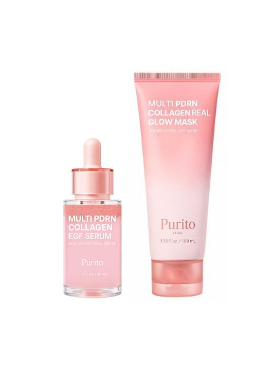 Bottle of Purito Multi PDRN Collagen EGF Serum and tube of Multi PDRN Collagen Real Glow Mask on a white background