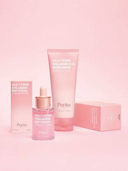 Bottle of Purito Multi PDRN Collagen EGF Serum and tube of Multi PDRN Collagen Real Glow Mask with their retail boxes on a pink background