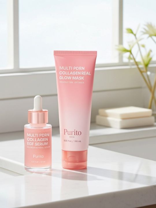 Bottle of Purito Multi PDRN Collagen EGF Serum and tube of Multi PDRN Collagen Real Glow Mask on a white bathroom shelf with a window and green plant in the background