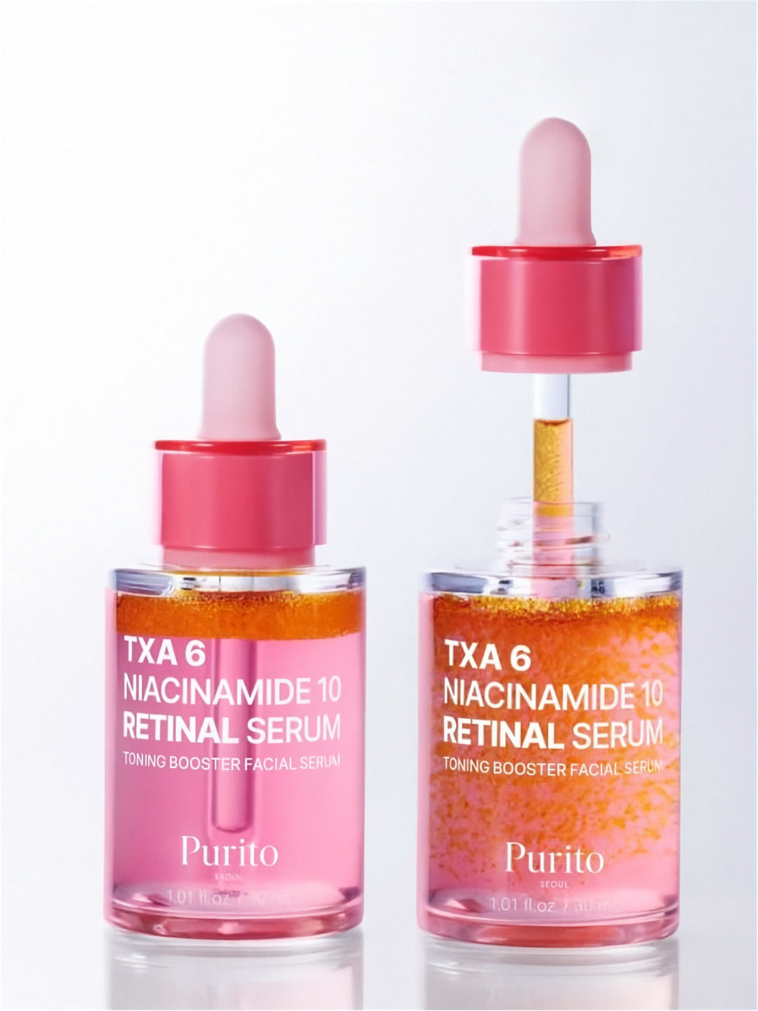 Two bottles of Purito Seoul TXA 6 Niacinamide 10 Retinal Serum on a white background