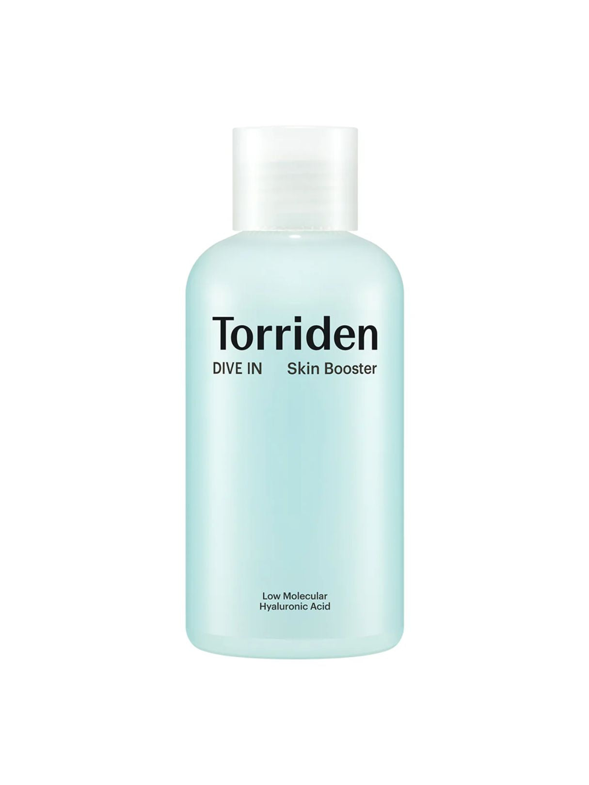A bottle of Torriden Dive In Skin Booster with a translucent light blue body and a frosted white cap, shown on a plain white background.