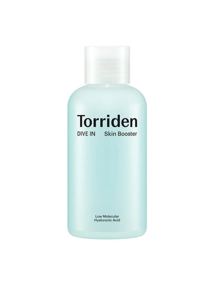 A bottle of Torriden Dive In Skin Booster with a translucent light blue body and a frosted white cap, shown on a plain white background.
