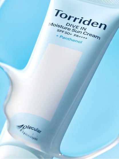 Torriden Dive In Moisture Sun Cream tube on a light blue background 