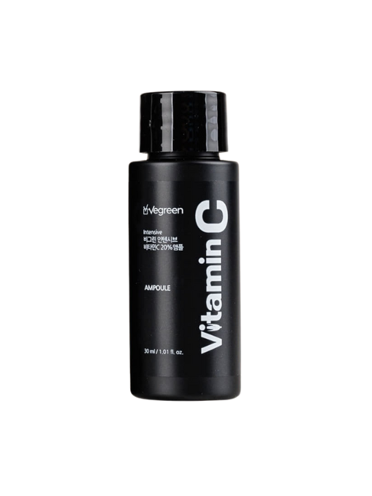 Black bottle of Vegreen Intensive Vitamin C 20% Ampoule on a white background. Available at Sinless Skincare Switzerland.