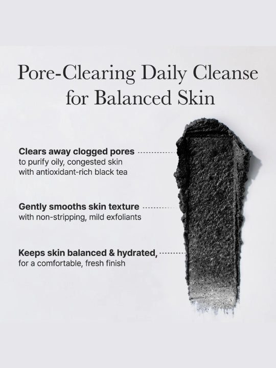 A skincare marketing graphic with the headline 'Pore-Clearing Daily Cleanse for Balanced Skin' and three bullet points describing benefits, alongside a dark charcoal cosmetic smear on a light gray background.