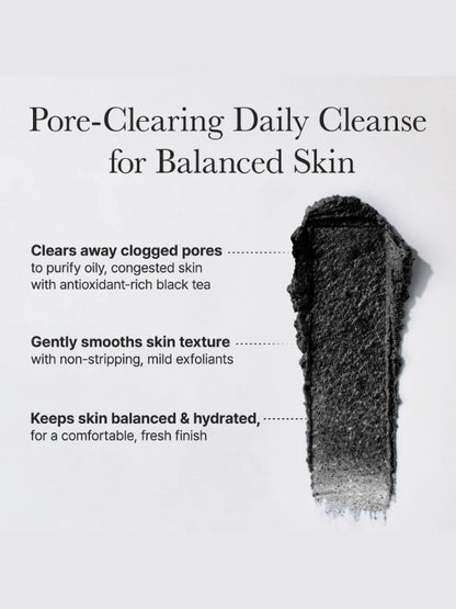 A skincare marketing graphic with the headline 'Pore-Clearing Daily Cleanse for Balanced Skin' and three bullet points describing benefits, alongside a dark charcoal cosmetic smear on a light gray background.