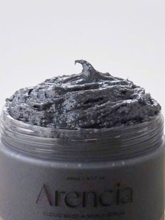 A close-up of an open Arencia Cloud Body & Scalp Scrub (Black Tea & Yuzu) jar against a white background.