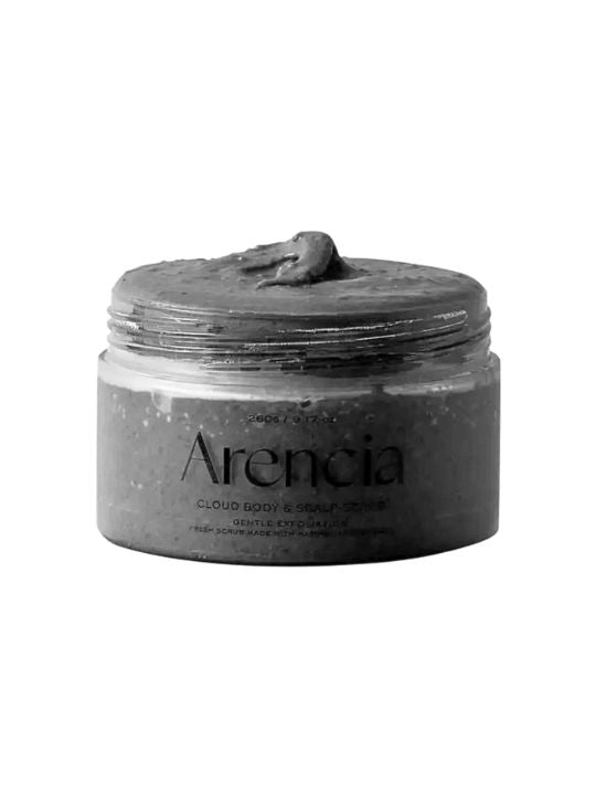 An open jar of Arencia Cloud Body & Scalp Scrub (Black Tea & Yuzu) on a solid white background.