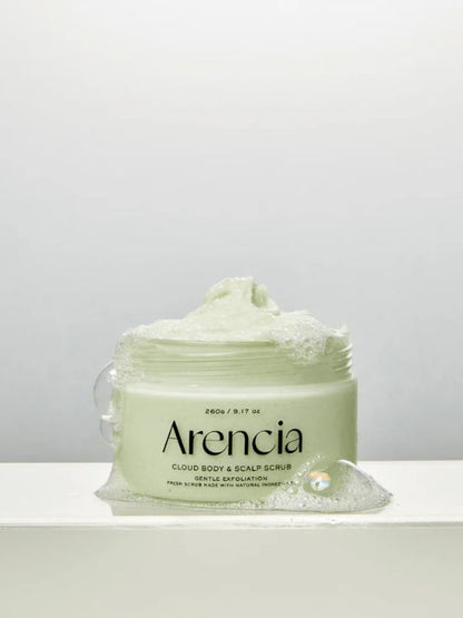 Jar of Arencia Cloud Body & Scalp Scrub Geranium & Primrose with bubbles on a light grey background