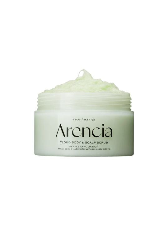 Open jar of Arencia Cloud Body & Scalp Scrub Geranium & Primrose on a white background
