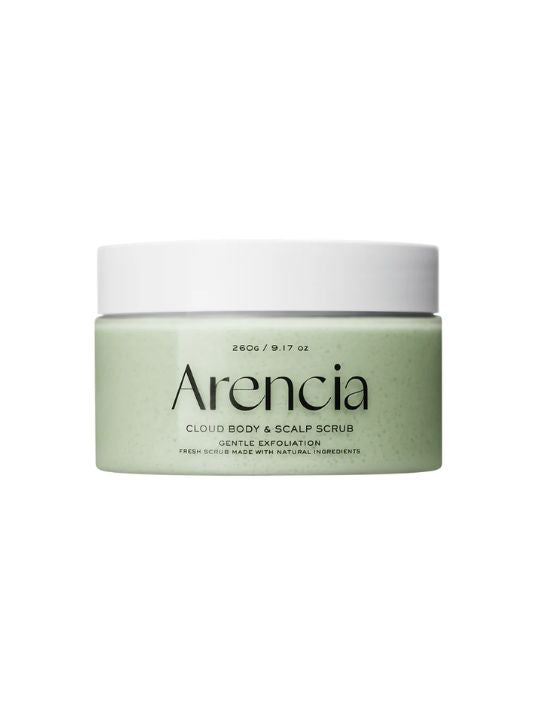 Closed jar of Arencia Cloud Body & Scalp Scrub Geranium & Primrose on a white background