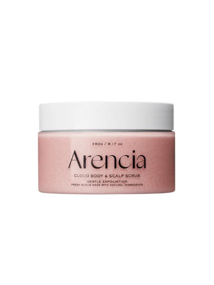 Closed jar of Arencia Cloud Body & Scalp Scrub Lavender & Pear on a white background
