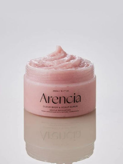 Arencia Cloud Body & Scalp Scrub Pear & Lavender on a reflective neutral surface and background