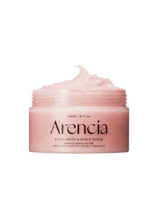 Open jar of Arencia Cloud Body & Scalp Scrub Pear & Lavender on white background