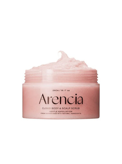 Open jar of Arencia Cloud Body & Scalp Scrub Pear & Lavender on white background