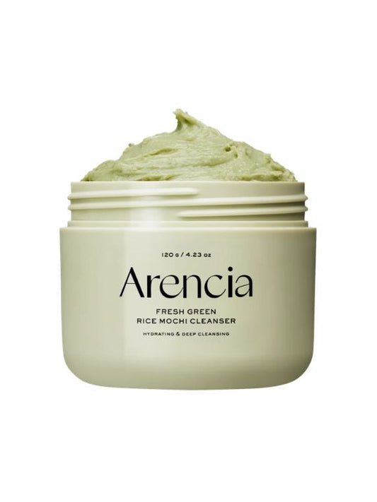 Open jar of Arencia Green Rice Mochi Cleanser on a white background