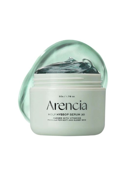 Open jar of Arencia Holy Hyssop Serum 30 with jelly texture on a white background