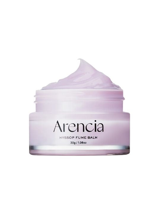 Open jar of Arencia Hyssop Fume Balm on white background