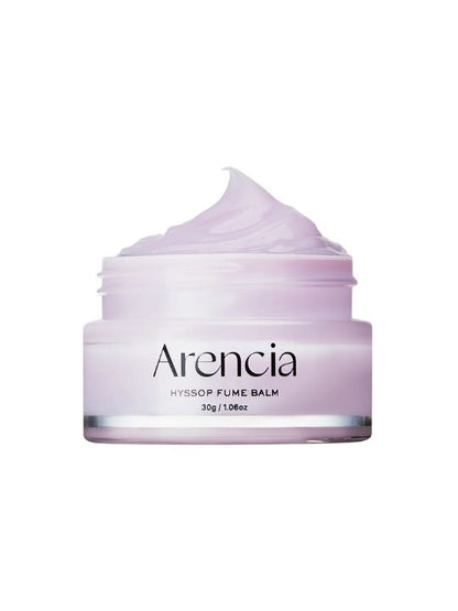 Open jar of Arencia Hyssop Fume Balm on white background