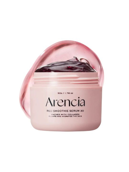 Open jar of Arencia Red Smoothie Serum 30 on white background