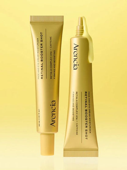 Two tubes of Arencia Retinal Booster Shot with cream coming from one on a yellow background