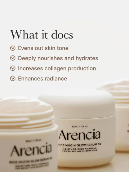 Arencia Rice Mucin Glow Serum 30 jar shown with a text overlay detailing its benefits on a clean white background.