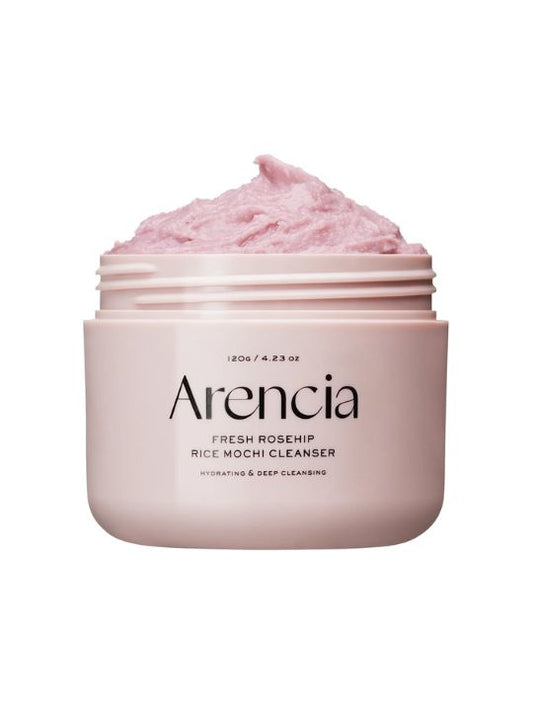 Open jar of Arencia Rosehip Rice Mochi Cleanser on a white background
