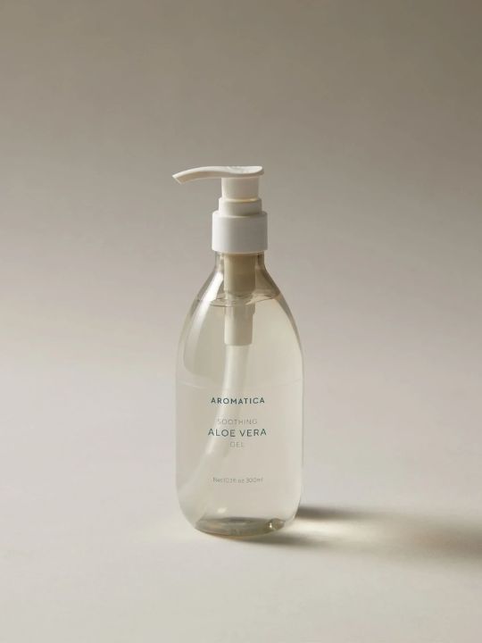 300ml pump bottle of Aromatica Organic Aloe Vera Gel on a soft grey background