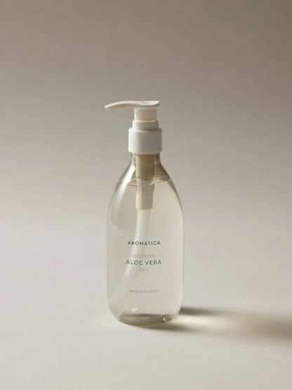 300ml pump bottle of Aromatica Organic Aloe Vera Gel on a soft grey background