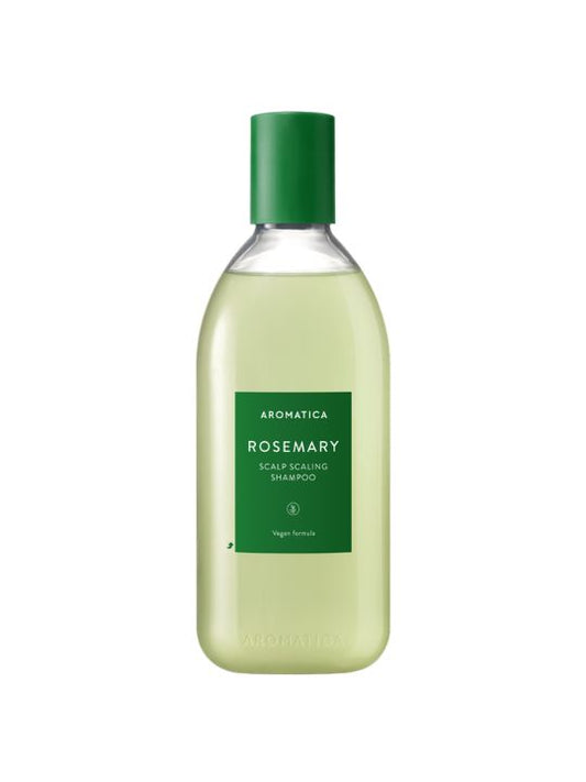 400ml bottle of Aromatica Rosemary Scalp Scaling Shampoo on a white background