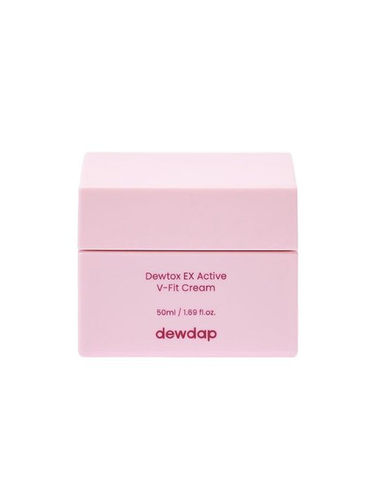 Pink jar of Dewdap's Dewtox EX Active V-Fit Cream on a white background