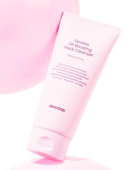 Dewdap's Dewtox Lift Boosting Pack Cleanser on a white and light pink background
