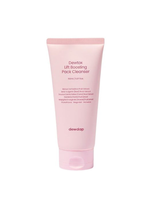 Pink tube of Dewdap's Dewtox Lift Boosting Pack Cleanser on a white background