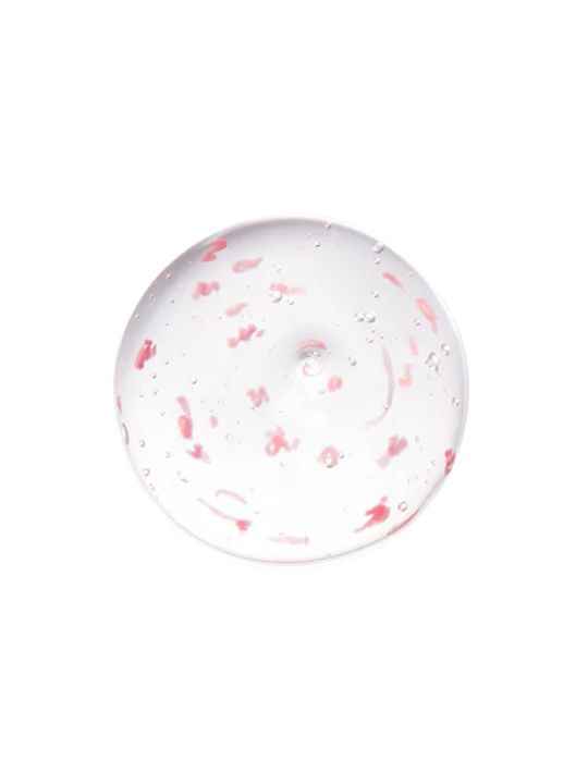 Close up texture drop of Dewdap's Dewtox Thread Shot Tightening Ampoule with visible pink threads, on a white background
