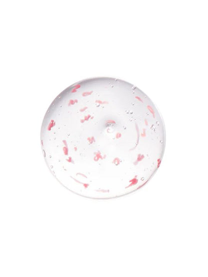 Close up texture drop of Dewdap's Dewtox Thread Shot Tightening Ampoule with visible pink threads, on a white background