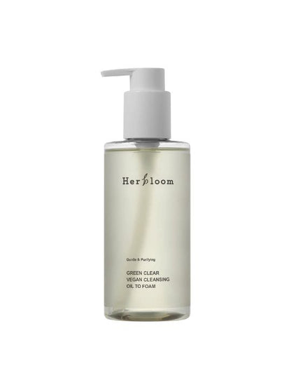 Bottle of Herbloom's Green Clear Vegan Cleansing Oil To Foam on a white background.