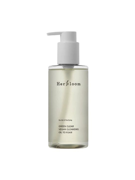 Bottle of Herbloom's Green Clear Vegan Cleansing Oil To Foam on a white background.