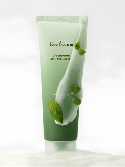 A tube of Herbloom Green Papain Soft Peeling Gel, featuring a light green and white design with decorative green leaf graphics, set against a clean white background.