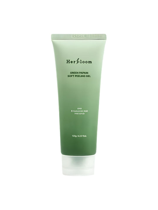A tube of Herbfloom Green Papain Soft Peeling Gel, featuring a light green to dark green gradient design with white text, set against a plain white background.