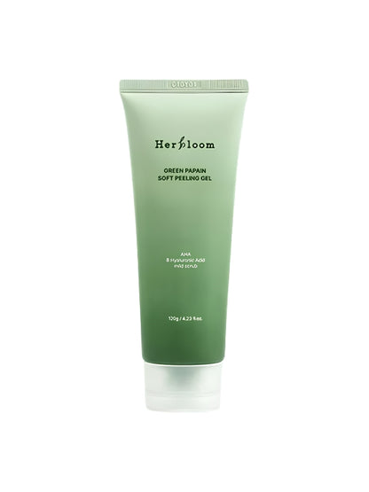 A tube of Herbfloom Green Papain Soft Peeling Gel, featuring a light green to dark green gradient design with white text, set against a plain white background.