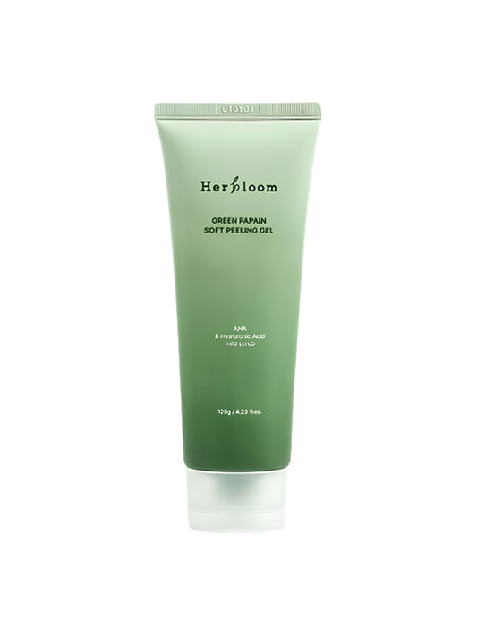 A tube of Herbfloom Green Papain Soft Peeling Gel, featuring a light green to dark green gradient design with white text, set against a plain white background.