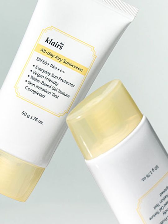 Two tubes of klairs All-day Airy Sunscreen on a light gray background