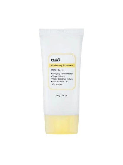 Klairs All Day Airy Sunscreen tube on a white background
