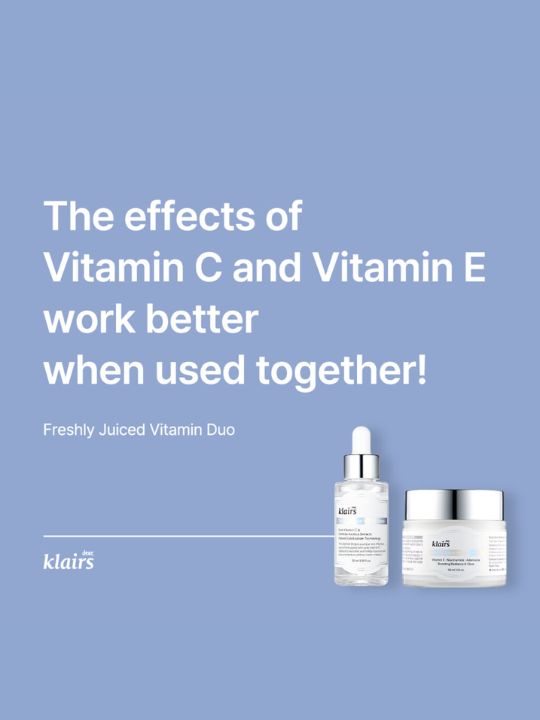 Klairs Freshly Juiced Vitamin Duo with text about Vitamin C and Vitamin E on a blue background