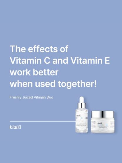 Klairs Freshly Juiced Vitamin Duo with text about Vitamin C and Vitamin E on a blue background