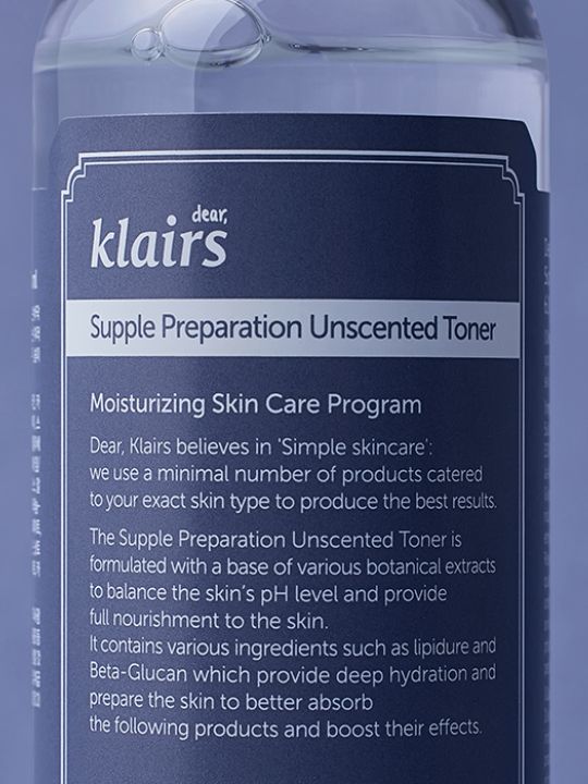Close up of label on bottle of Klairs Supple Preparation Toner Unscented