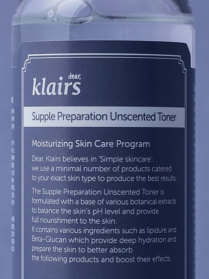 Close up of label on bottle of Klairs Supple Preparation Toner Unscented