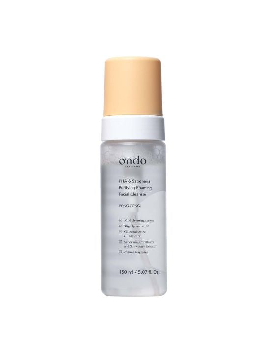 Bottle of Ondo Beauty 36.5 PHA & Saponaria Purifying Foaming Cleanser against a white background. 
