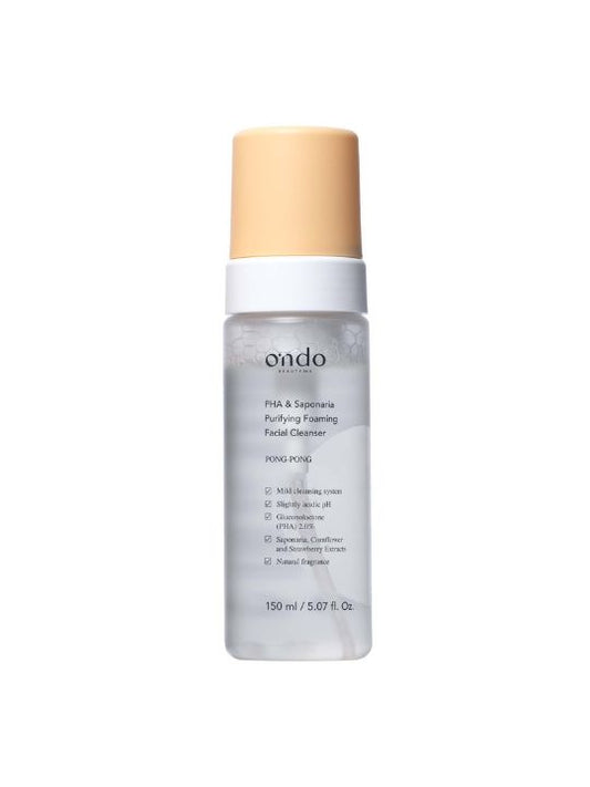 Bottle of Ondo Beauty 36.5 PHA & Saponaria Purifying Foaming Cleanser against a white background. 