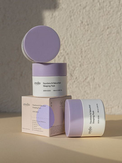 Ondo Beauty Squalane & Bakuchiol Sleeping Pack jars and retail box on a neutral background
